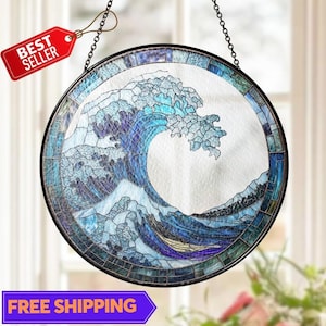 Ocean Waves Stained Glass Suncatcher,Ocean Wave Wall Art Window Hanger,Ocean Suncatcher Gift,Beach Decor,Coastal Suncatcher,Beach Lover Gift
