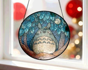 Atrapasueños para fans de Ghibli, vitral para amantes del anime, regalo para amigos, regalos de cumpleaños, decoración de habitaciones infantiles, arte en vidrio, adorno para ventana de Totoro