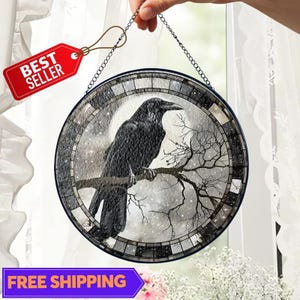 Raven Stained Glass Suncatcher, Gothic Crow Window Hanging, Unique Indoor Home Decor, Halloween Gift, Housewarming Gift Idea for Dark Theme