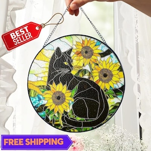 Sunflower & Black Cat Stained Glass Suncatcher – Sunlight Catcher Window Hanging Decor - Mother&#39;s Day Gift, Perfect Gift For Cat Lovers