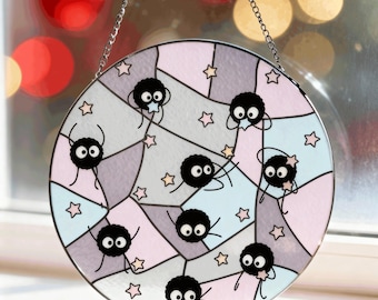 Soot Sprite Stained Glass Art – Elegant Vintage-Inspired Suncatcher – Printed Glass Decor, Window Hanging for Anime Lovers