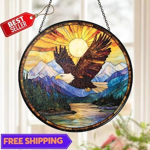 Bald Eagle Stained Glass Suncatcher, Round Hanging Panel, Mountain Sunset Art, Window Decor, Father&#39;s Day Gift, Handmade