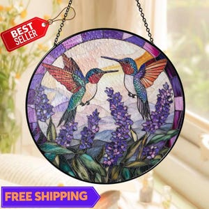 Hummingbirds And Lavender Flowers Stained Glass Suncatcher, Mothers Day Gift, Stained Glass Birds, Wall Hanging Ornament, Glass Sun Catcher