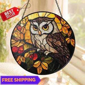 Stained Glass Owl Bird Suncatcher, Stained Glass Window Hanging Decor, Ornament, Gift for Mom, Custom Owl Figurine, Owl Stained Glass Art