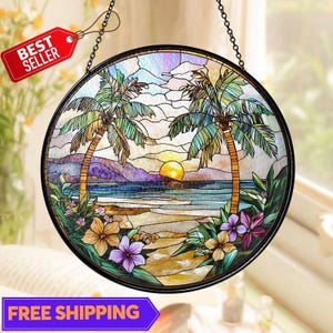 Beach Stained Glass Suncatcher, Beach Palm Tree Sunset, Starfish Coastal Window Decor, Summer Lover Gift, Bridesmaid Proposal Bridal Gift