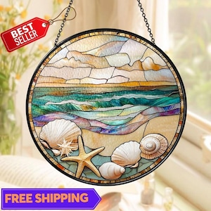Beach Stained Glass Suncatcher, Beach Palm Tree Sunset, Starfish Coastal Window Decor, Summer Lover Gift, Bridesmaid Proposal Bridal Gift