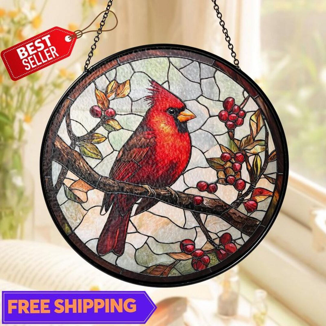 Large Cardinal Display Cardinal Stained Glass Suncatcher, Red Bird Window Hanging Panel ...