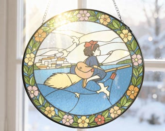 Atrapasol de vitral Kiki – Adorno de ventana de bruja – Decoración de arte en vidrio estilo anime – Regalo para amantes del anime