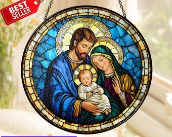 Holy Family Stained Glass Suncatcher, Nativity Scene Round Window Panel, Jesus Mary and Joseph Art, Catholic Christmas Home Decor