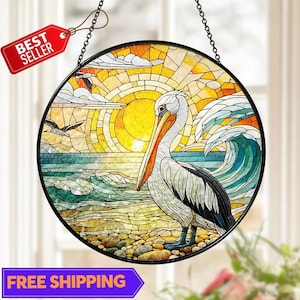 Pelican Stained Glass Suncatcher, Coastal Bird Window Hanging, Beach Ocean Sunset Panel, Nautical Seaside Decor, Shoreline Bird Art