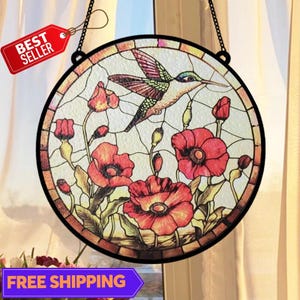 Poppy Flower Suncatcher, Hummingbird Sun catcher, Poppy Stain Glass Window Hanging, Glass Art Painting, Home Decor, Flower Window Hanging