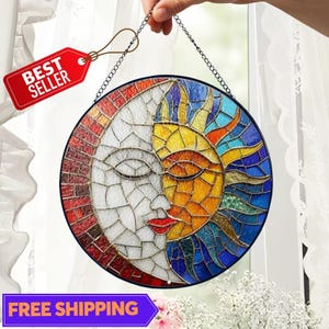 Sun & Moon Stained Glass Suncatcher, Sun and Moon Face Light Catcher, Window Hanging Decor, Celestial Gift, Boho Home Decoration Gift Idea