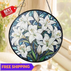 White Lily Stained Glass Suncatcher, Handmade Floral Window Hanging Panel, Elegant Bloom Decor, Mother’s Day Gift Idea, Unique Art Piece