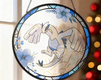 Lugia Stained Glass Suncatcher, Legendary Lugia Window Hanging Decor, Blue Ocean Lugia Glass, Lugia Gift for Fan, Lugia Suncatcher Xmas Gift