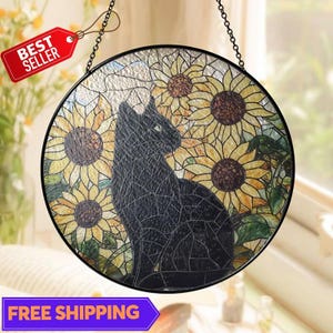 Sunflower Black Cat Glass Suncatcher Gift, Gift for Cat Lovers Wall Hanging Ornament Gift for Mom Memorial Gift, Black Cat Suncatcher