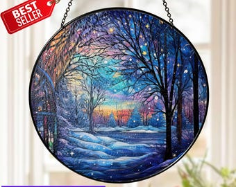 ステンドグラスの冬の風景サンキャッチャー：手作りの雪景色 - Etsy 日本