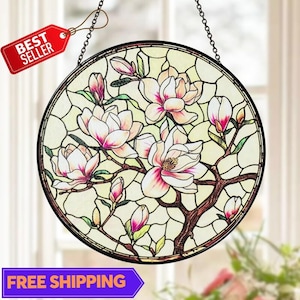 Magnolia stained glass, White flowers suncatcher, Window hangings decor, Sun catcher gift for mom, Elegant glass ornament, Gift for hostess