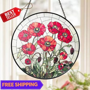Poppy Flowers Suncatcher, Stained Glass Plant Home Decor, Unique Botanical Art Window Hanging, Artistic Poppy, Memory Day, Poppy Suncatcher