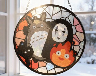 Calcifer, No-Face & Forest Spirit Stained Glass – Anime Window Hanging – Printed Art – Suncatcher Decor – Gift for Anime Lovers
