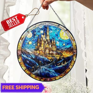 Wizard School Stained Glass Suncatcher, Enchanted Castle Stained Glass Suncatcher – Christmas Window Decor for Book Lovers & Fantasy Fans