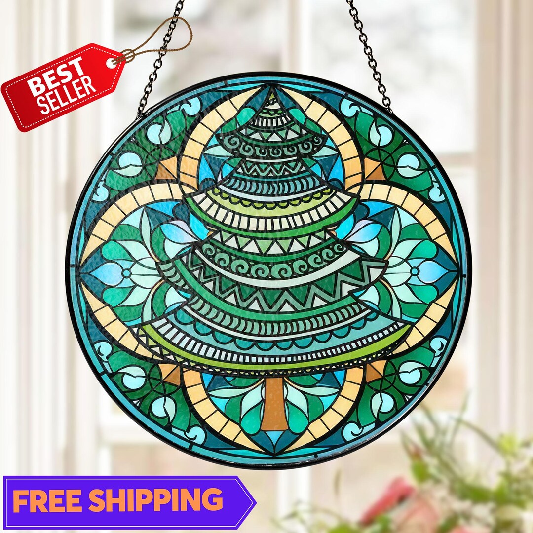 Christmas Tree Stained Glass Window Hanging, Colorful Holiday Decor ...