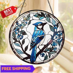 Blue Jay in the Bush Stained Glass Suncatcher Window Decoration | Perfect for Home & Garden | Gift for Bird Lovers Nature Enthusiasts