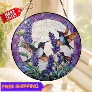Hummingbirds And Lavender Flowers Stained Glass Suncatcher, Stained Glass Birds, Wall Hanging Ornament, Mothers Day Gift, Glass Sun Catcher