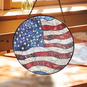 American Flag Stained Glass Suncatcher, Patriotic Window Decor, Rustic USA Theme, Veterans & Military Families, Fourth of July Gift