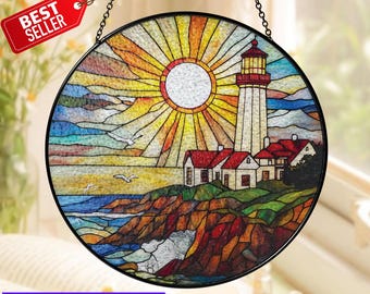 Stained Glass Lighthouses, Lighthouse Suncatcher Hanging, Housewarming Gift, Beach Decor, Sunset Ocean Suncatcher, Ocean Lover Gift
