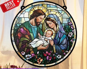 Holy Family Stained Glass Suncatcher, Nativity Scene Round Window Panel, Jesus Mary and Joseph Art, Catholic Christmas Home Decor, Gift M21