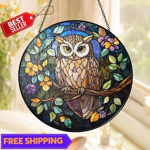 Stained Glass Owl Bird Suncatcher, Stained Glass Window Hanging Decor, Ornament, Gift for Mom, Custom Owl Figurine, Owl Stained Glass Art