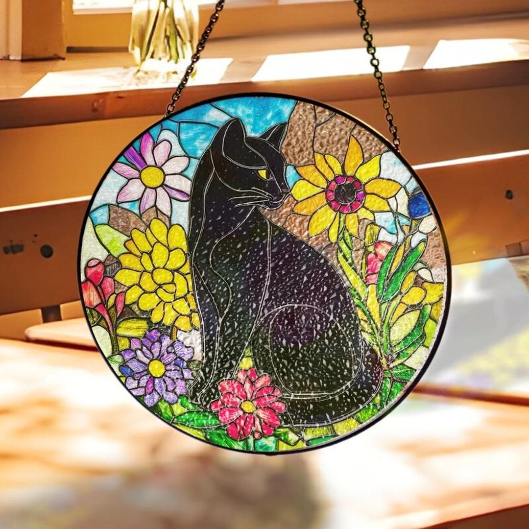 Black Cat & Wildflowers Stained Glass Suncatcher – Window Hanging Decor ...