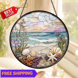 Beach Stained Glass Suncatcher, Beach Palm Tree Sunset, Starfish Coastal Window Decor, Summer Lover Gift, Bridesmaid Proposal Bridal Gift