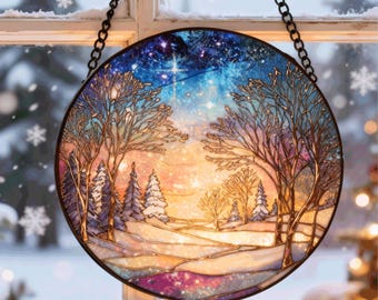 ステンドグラスの冬の風景サンキャッチャー：手作りの雪景色 - Etsy 日本