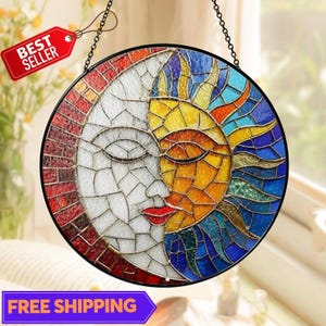 Sun & Moon Stained Glass Suncatcher, Sun and Moon Face Light Catcher, Window Hanging Decor, Celestial Gift, Boho Home Decoration Gift Idea