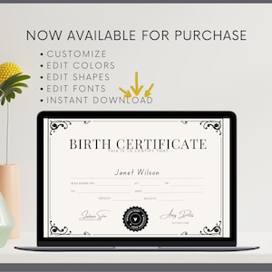 Bewerkbare sjabloon geboorteakte, babycertificaat, babycadeau, babyaandenken, bewerkbare canvassjabloon - digitale download