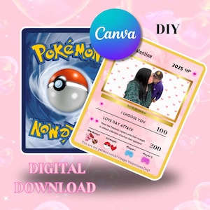 Carte Pokémon personnalisable pour la Saint-Valentin – Carte à collectionner Pokémon « Joyeuse Saint-Valentin [Nom] » modifiable avec photo personnalisée. MODIFICATION SUR TOILE