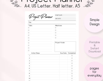 May include: A printable project planner template with sections for tasks, milestones, action steps, due dates, and project goals. The template is designed in a simple, minimalist style with black text on a white background.