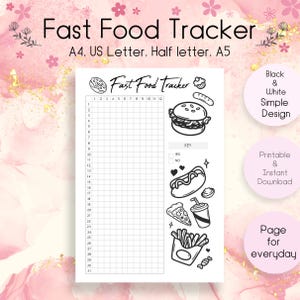 May include: A black and white printable fast food tracker with a simple design. The tracker includes a grid for tracking and illustrations of fast food items like burgers, fries, and pizza. The text "Fast Food Tracker" is at the top.