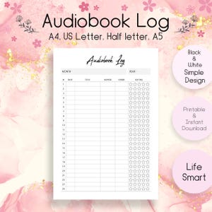 Könnte beinhalten: Ein schwarz-weißes Hörbuch-Logbuch mit dem Titel "Audiobook Log" oben. Das Logbuch enthält Abschnitte für Datum, Titel, Autor, Genre und Bewertung. Das Design ist einfach und enthält den Text "Printable & Instant Download".
