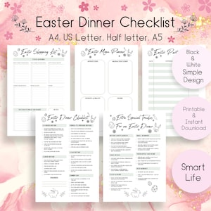 May include: A collection of printable Easter dinner checklists and planners in black and white. Includes shopping lists, menu planners, expense trackers, and checklists for preparation and special touches. The design is simple and includes Easter-themed illustrations.