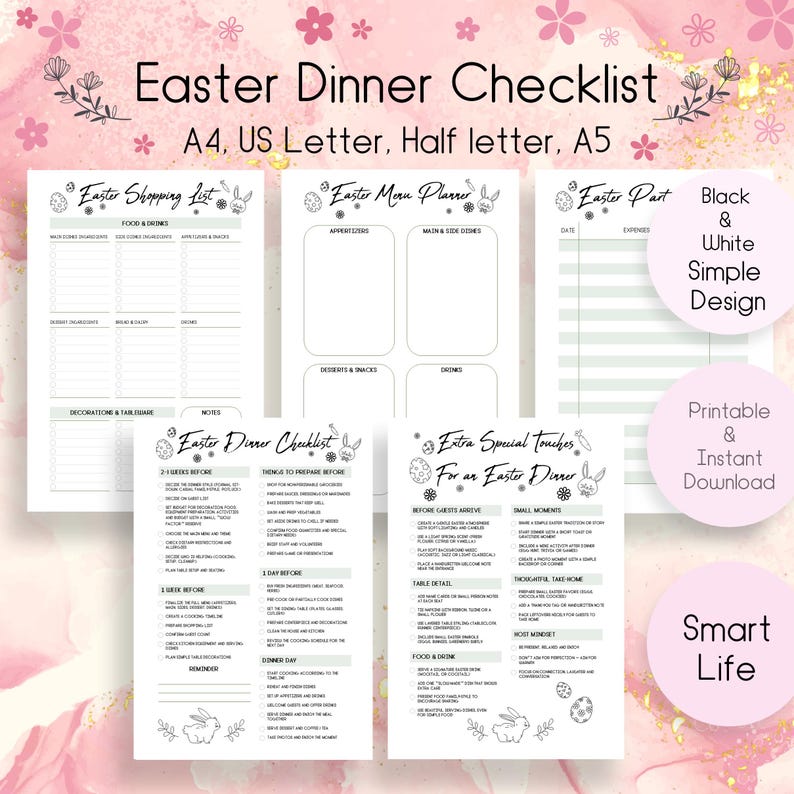 Op de afbeelding: Een verzameling afdrukbare paasdiner-checklists en planners in zwart en wit. Inclusief boodschappenlijsten, menukaarten, uitgaven trackers en checklists voor voorbereiding en speciale details. Het ontwerp is eenvoudig en bevat illustraties met Pasen.
