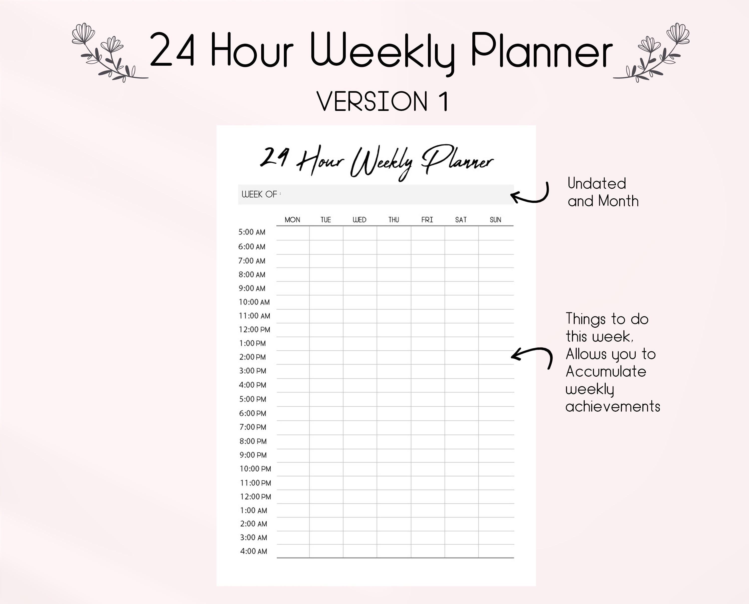24 Hour Weekly Planner Printable: Hourly Schedule (PDF Download) - Etsy
