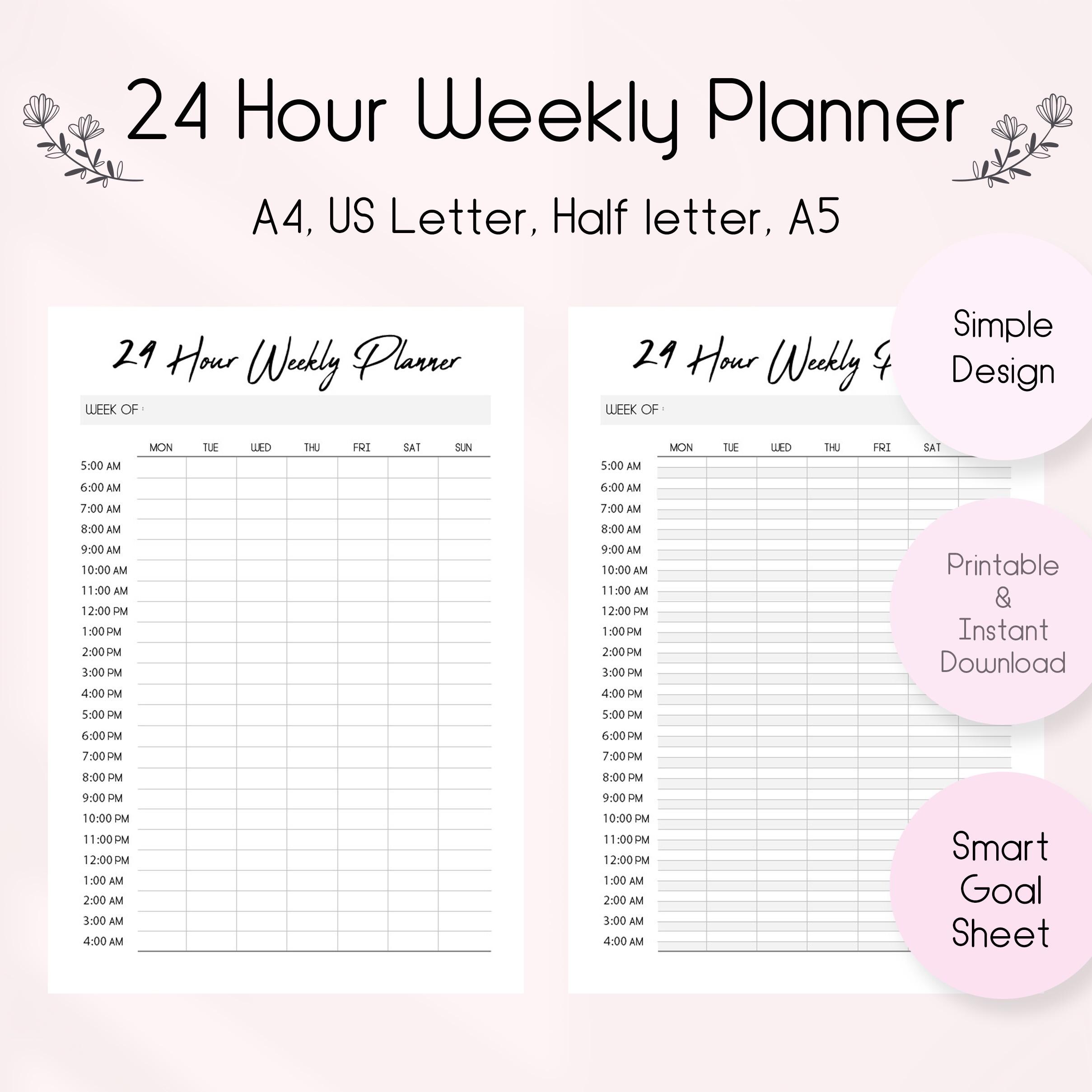 24 Hour Weekly Planner Printable: Hourly Schedule (PDF Download) - Etsy