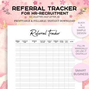 Rastreador de referencias de empleados imprimible / Hoja de cálculo de reclutamiento de RRHH / Rastreador de canal de contratación / Hoja de seguimiento de candidatos / Hoja de RRHH para pequeñas empresas