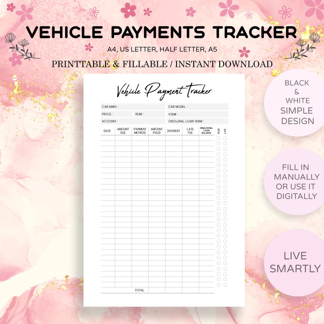 Vehicle Payment Tracker Printable | Car Loan Payment Log | Auto Loan ...