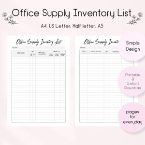 May include: Two printable office supply inventory list templates. The first template has columns for item name, use, supplier/location, quantity on hand, cost per unit, and received date. The second template has columns for date, description, quantity, and restock.
