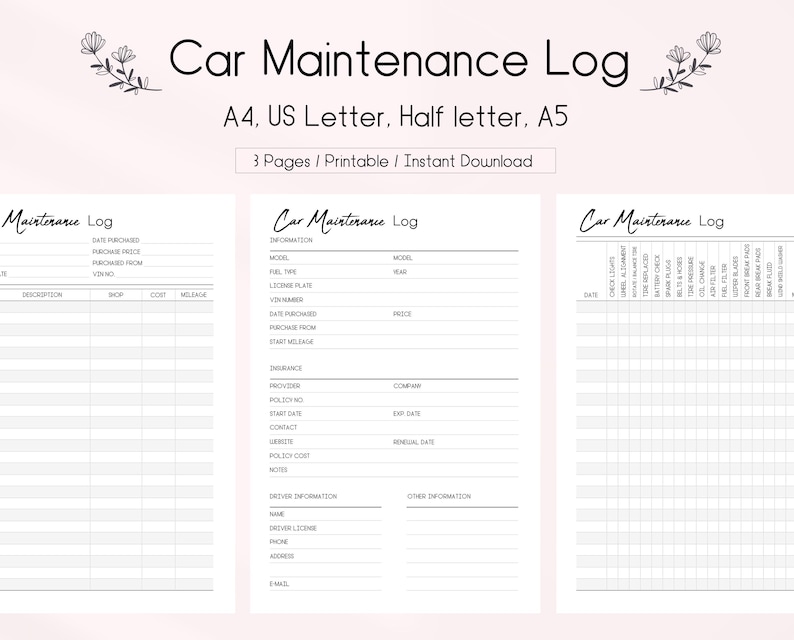 Car Maintenance Log Printable: Vehicle Tracker (PDF Download) - Etsy