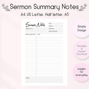 Könnte beinhalten: Weißes, druckbares Predigtnotizen-Template mit dem Text "Sermon Summary Notes" und "Sermon Notes". Enthält Abschnitte für Predigttitel, Datum, Schriftstelle und Notizen. Erhältlich in den Formaten A4, US Letter, Half letter und A5.