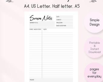 Sermon Notes Template Printable, Bible Study Notes, Scripture Tracker, Sermon Summary, Church Notes Journal, Christian Planner PDF